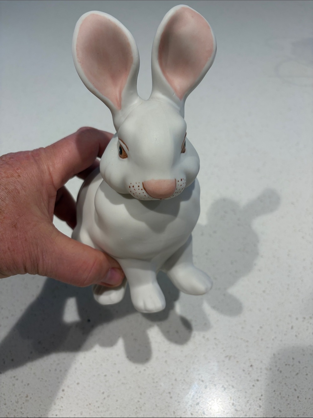 White Ceramic Bunny Figurine with Pink Accents
